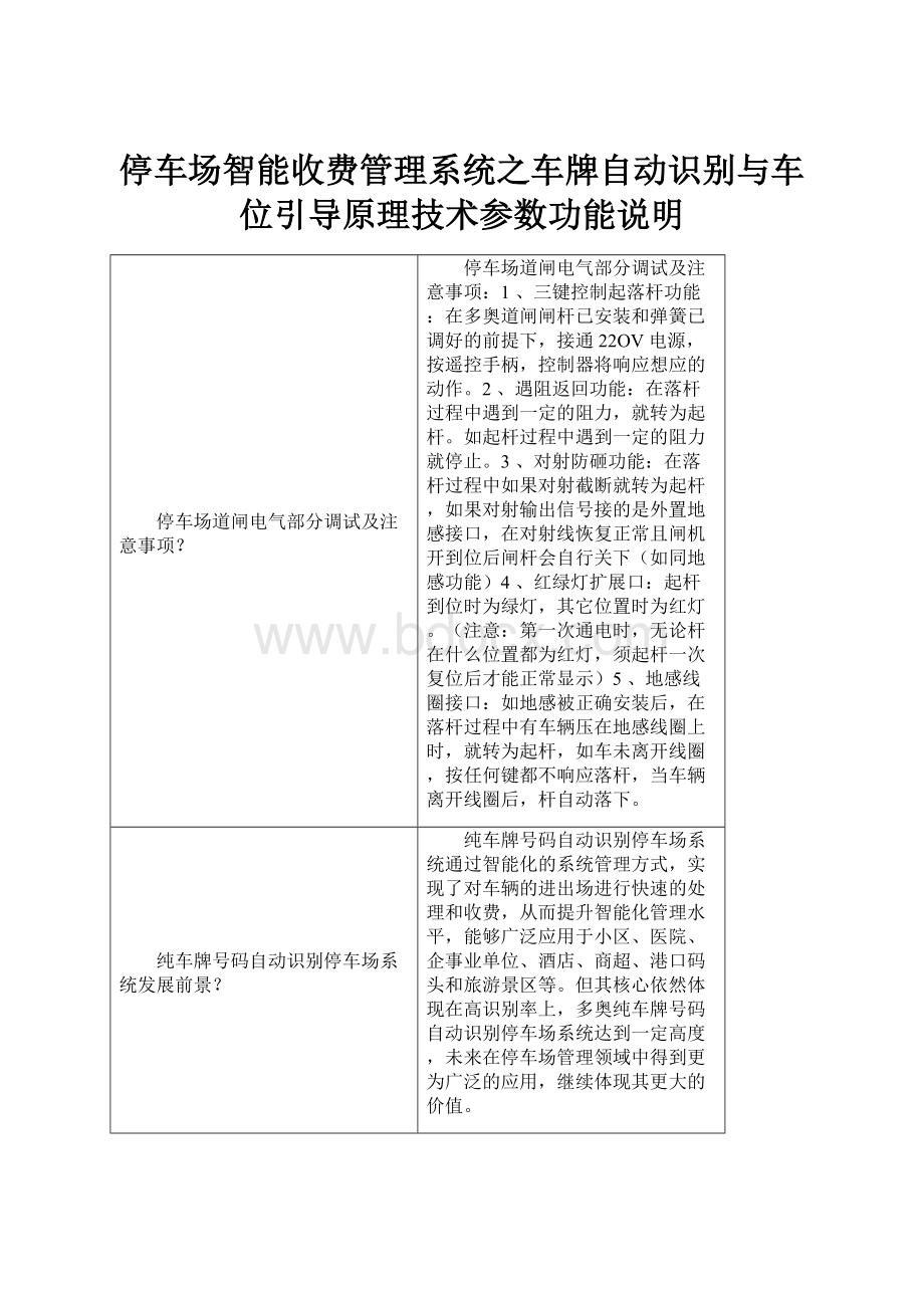 停车场智能收费管理系统之车牌自动识别与车位引导原理技术参数功能说明.docx