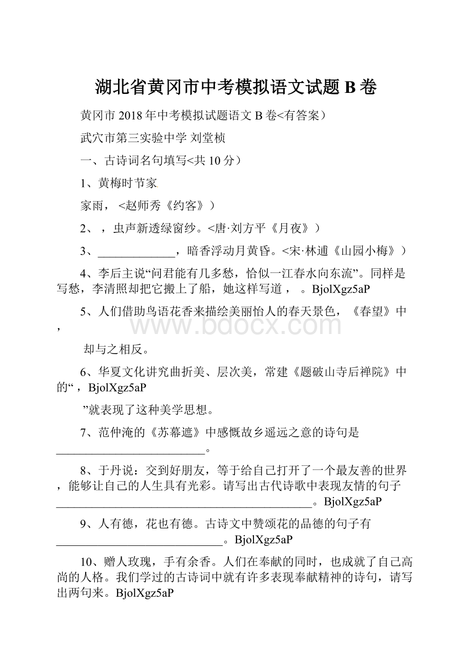 湖北省黄冈市中考模拟语文试题B卷.docx_第1页