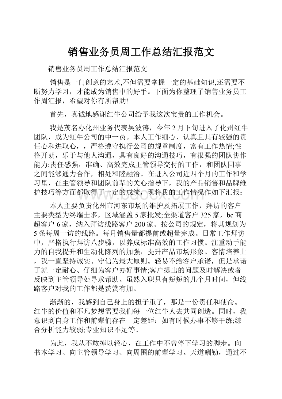 销售业务员周工作总结汇报范文.docx