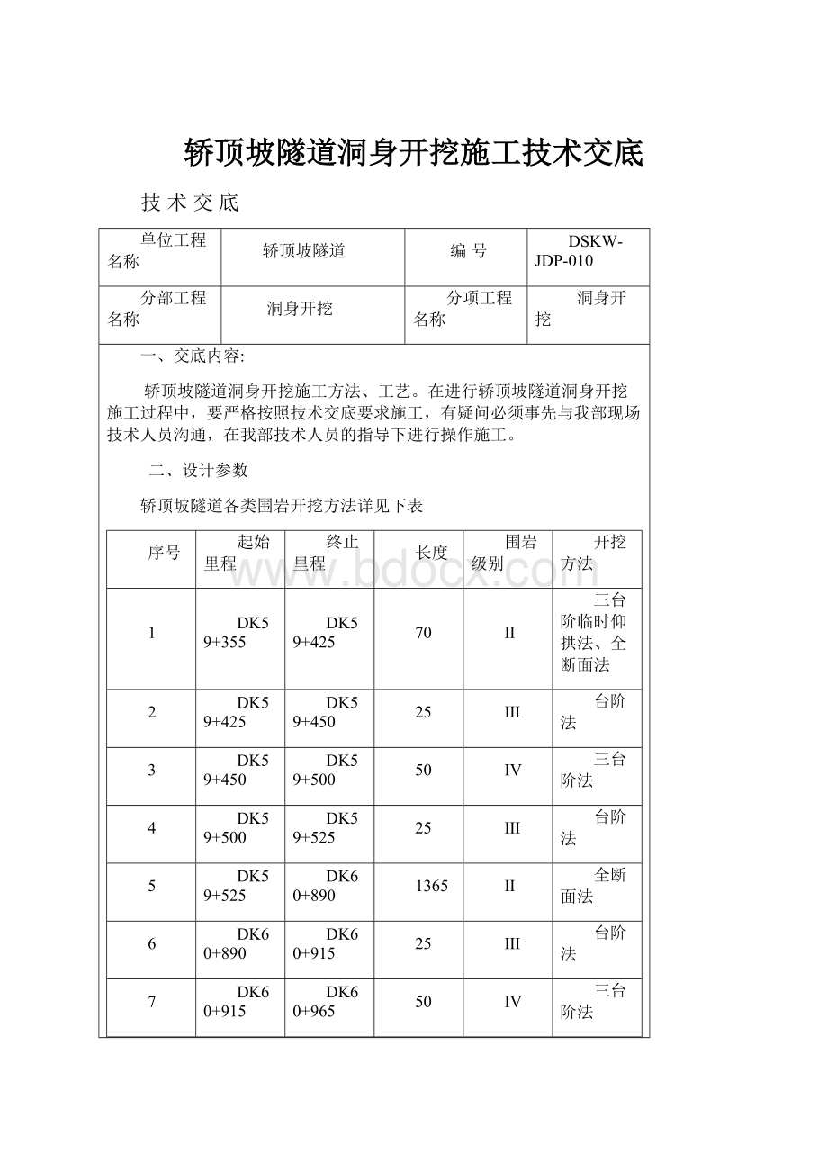 轿顶坡隧道洞身开挖施工技术交底.docx