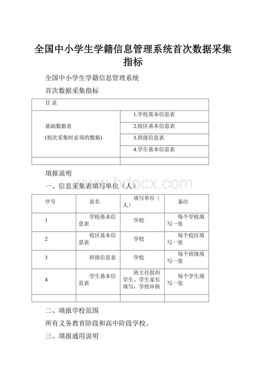 全国中小学生学籍信息管理系统首次数据采集指标.docx_第1页