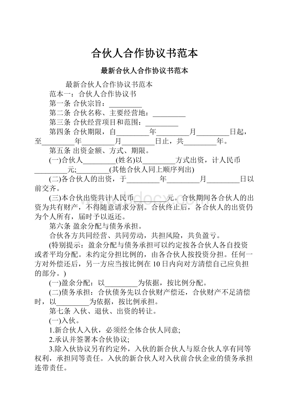 合伙人合作协议书范本.docx