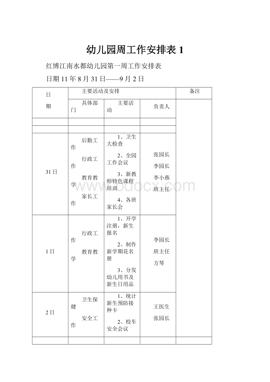 幼儿园周工作安排表1.docx_第1页