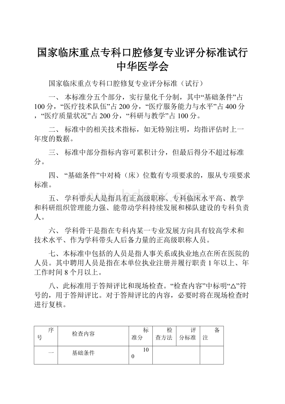 国家临床重点专科口腔修复专业评分标准试行中华医学会.docx_第1页