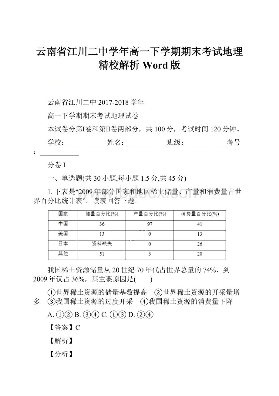 云南省江川二中学年高一下学期期末考试地理精校解析Word版.docx_第1页