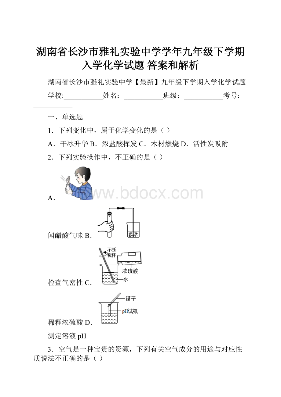 湖南省长沙市雅礼实验中学学年九年级下学期入学化学试题 答案和解析.docx_第1页