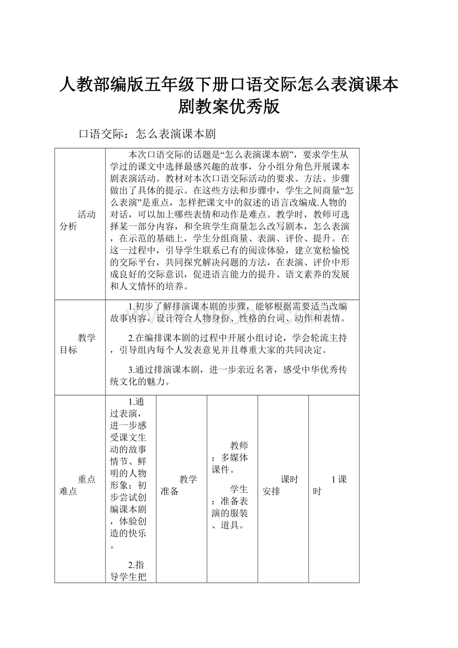 人教部编版五年级下册口语交际怎么表演课本剧教案优秀版.docx