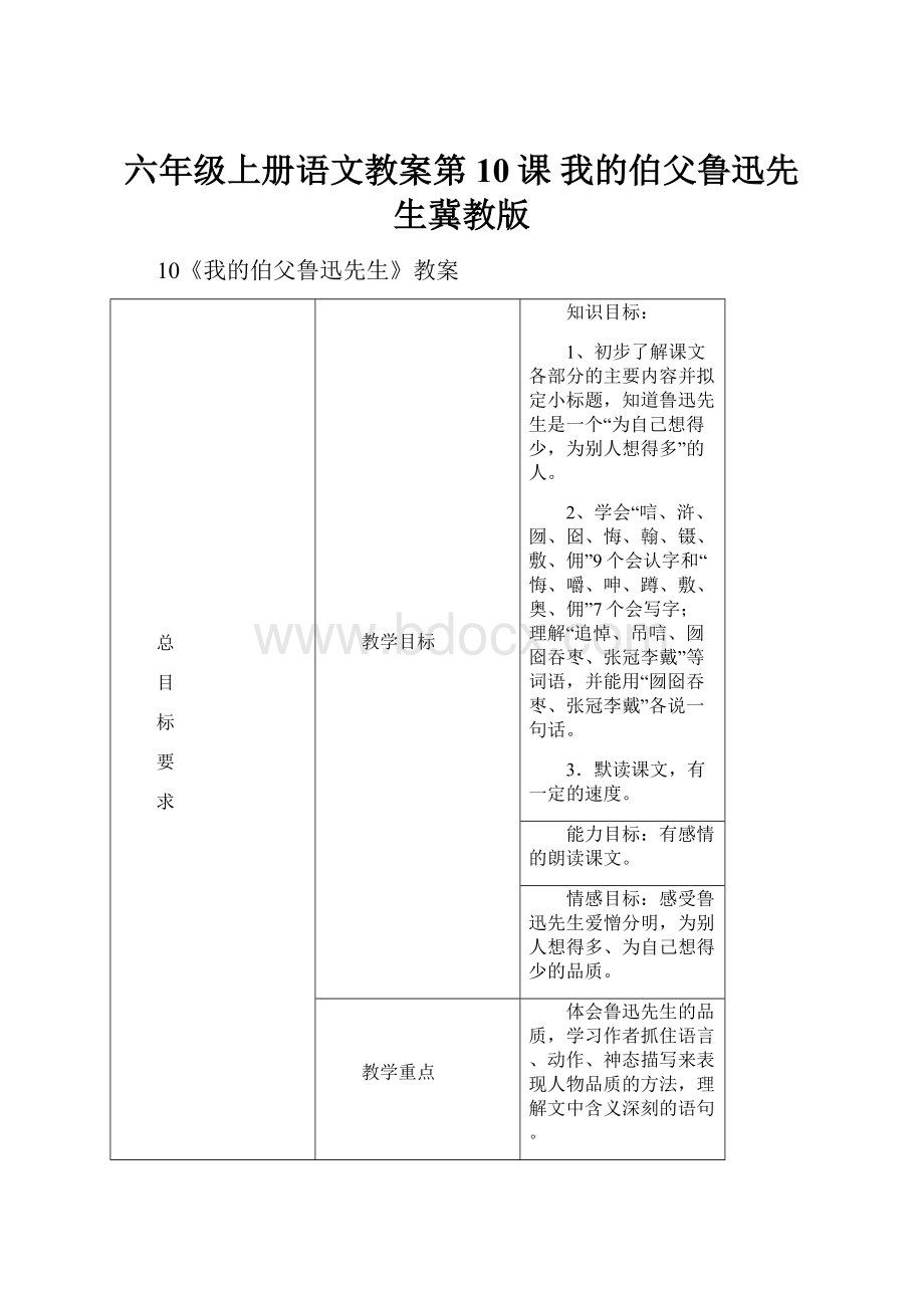 六年级上册语文教案第10课 我的伯父鲁迅先生冀教版.docx