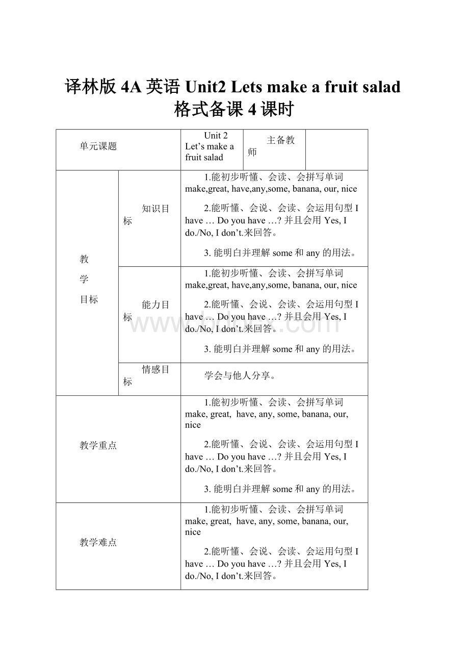 译林版4A英语Unit2 Lets make a fruit salad格式备课4课时.docx