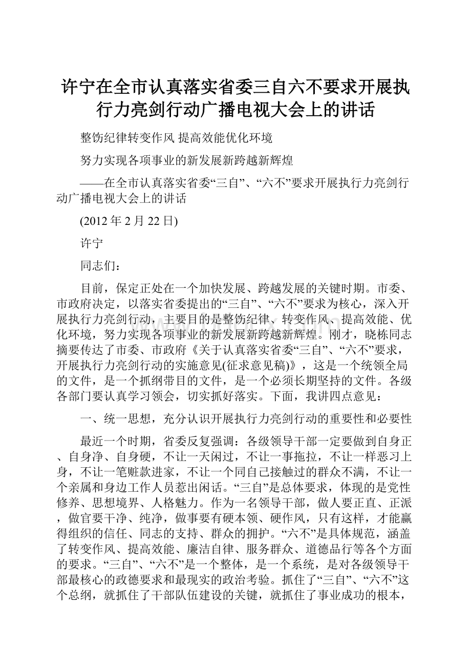 许宁在全市认真落实省委三自六不要求开展执行力亮剑行动广播电视大会上的讲话.docx