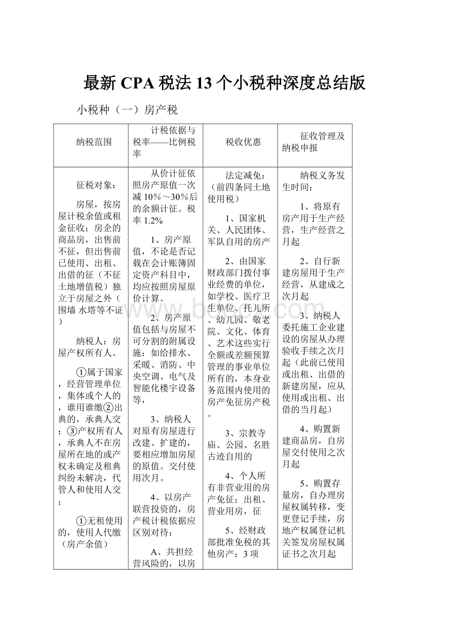 最新CPA税法13个小税种深度总结版.docx_第1页