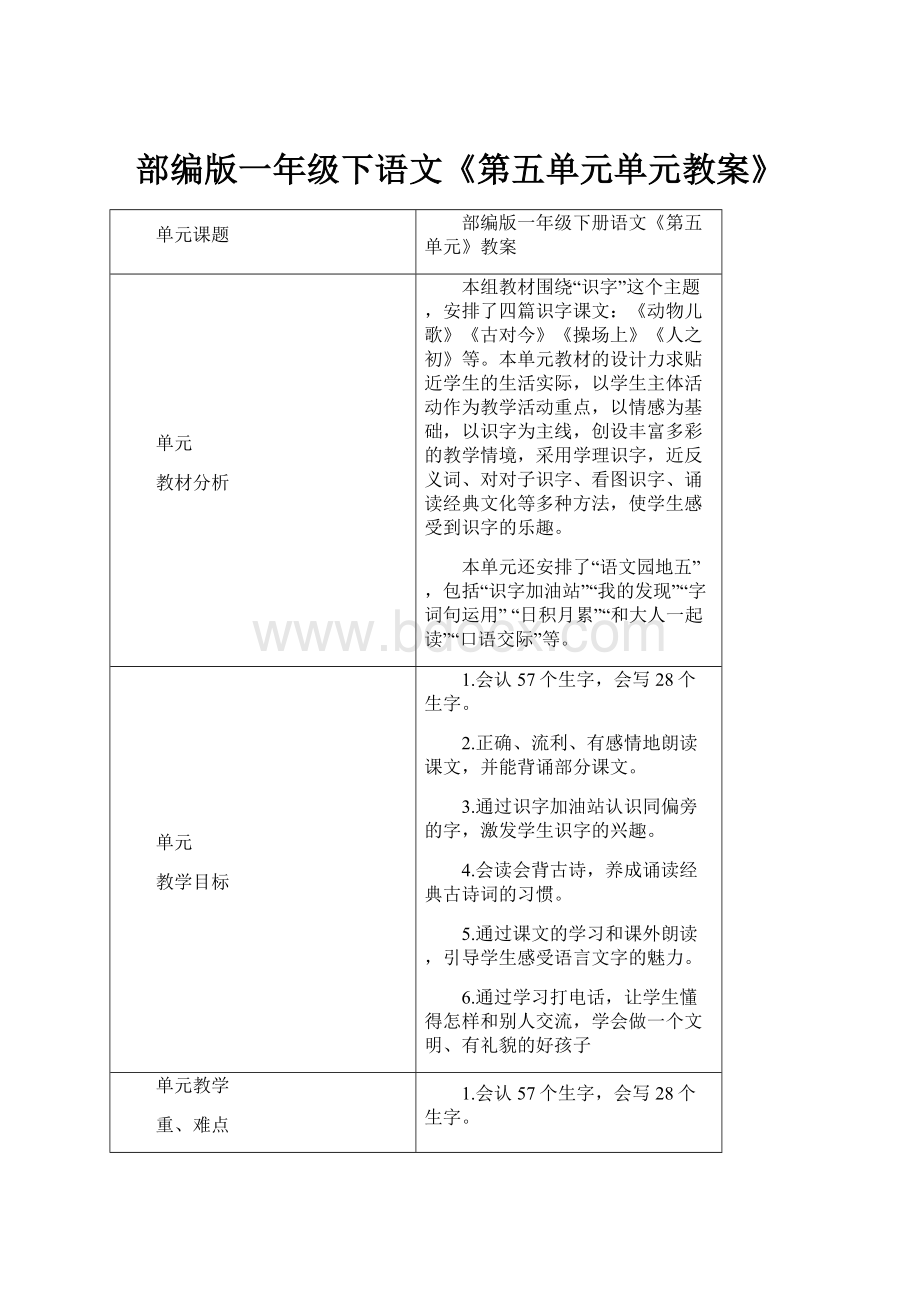 部编版一年级下语文《第五单元单元教案》.docx