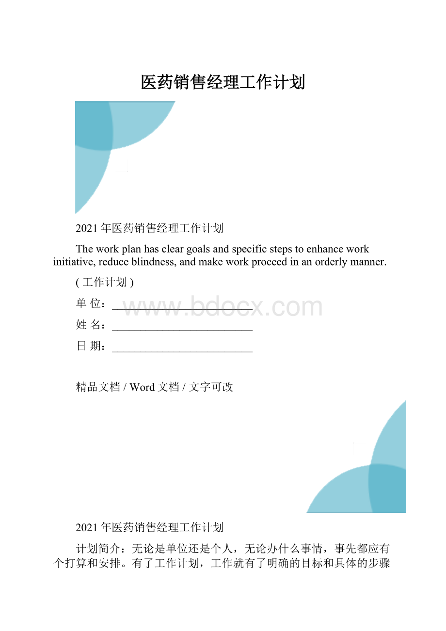 医药销售经理工作计划.docx_第1页