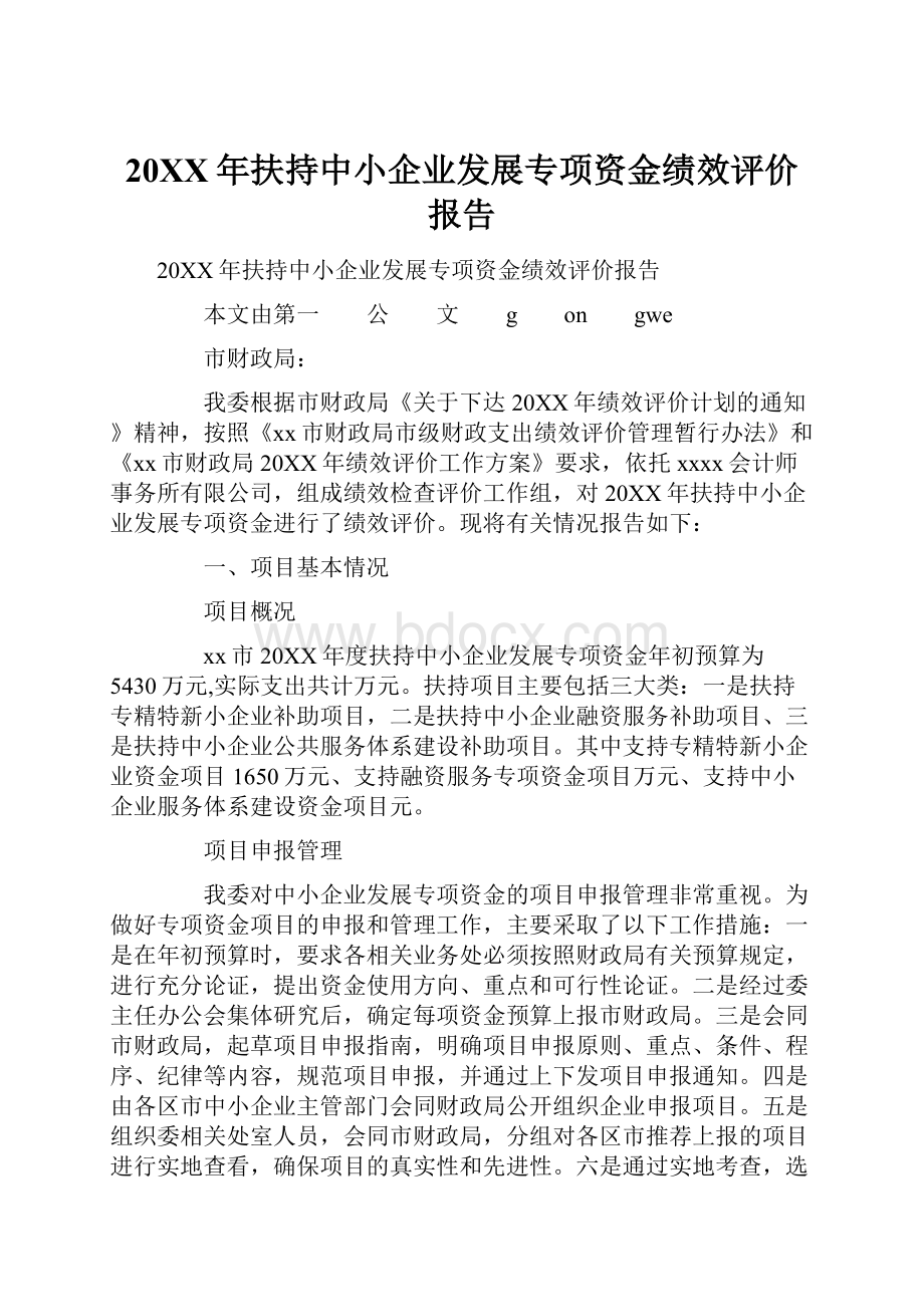 20XX年扶持中小企业发展专项资金绩效评价报告.docx_第1页