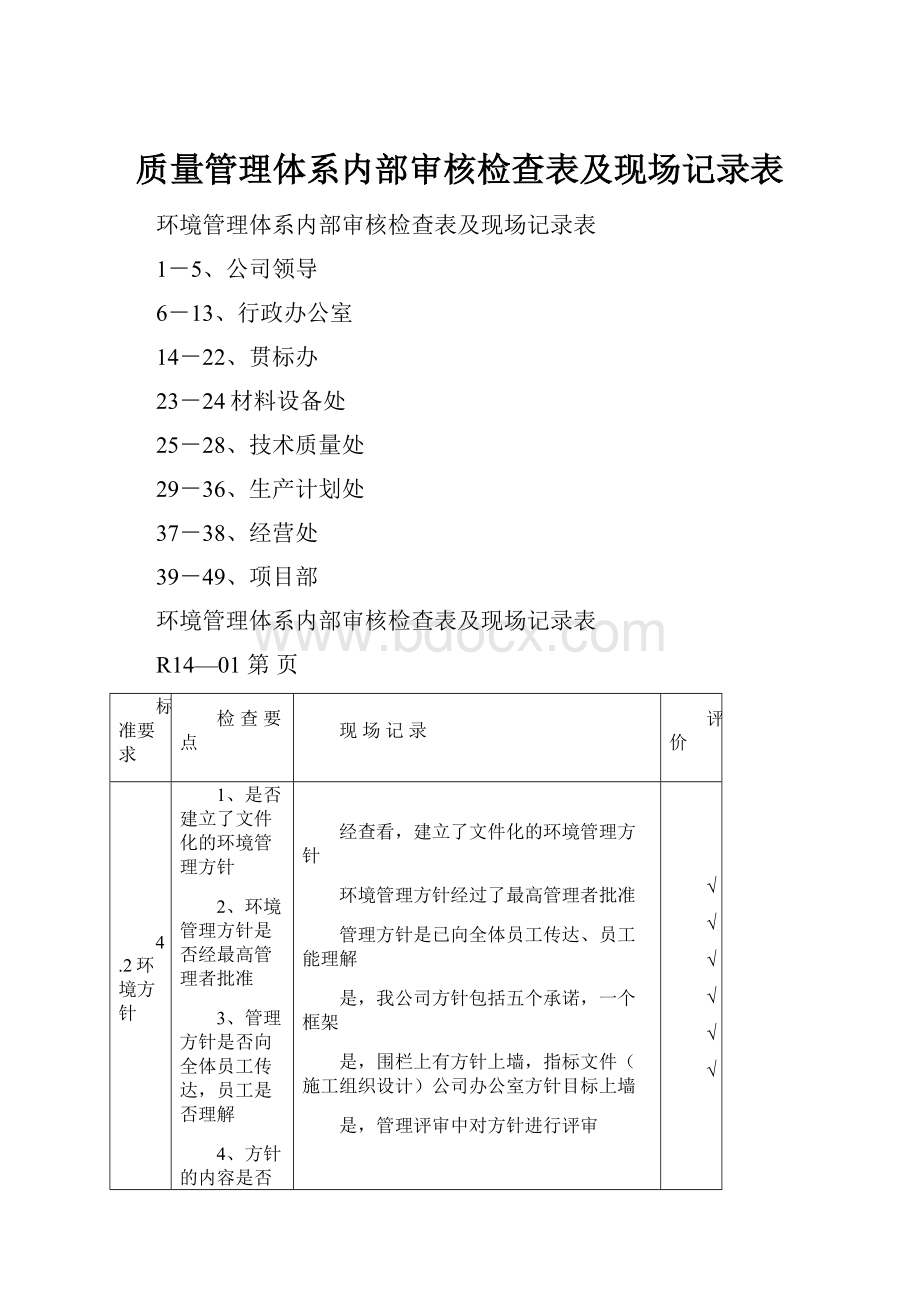 质量管理体系内部审核检查表及现场记录表.docx