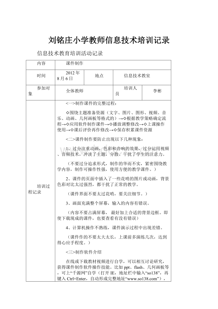 刘铭庄小学教师信息技术培训记录.docx