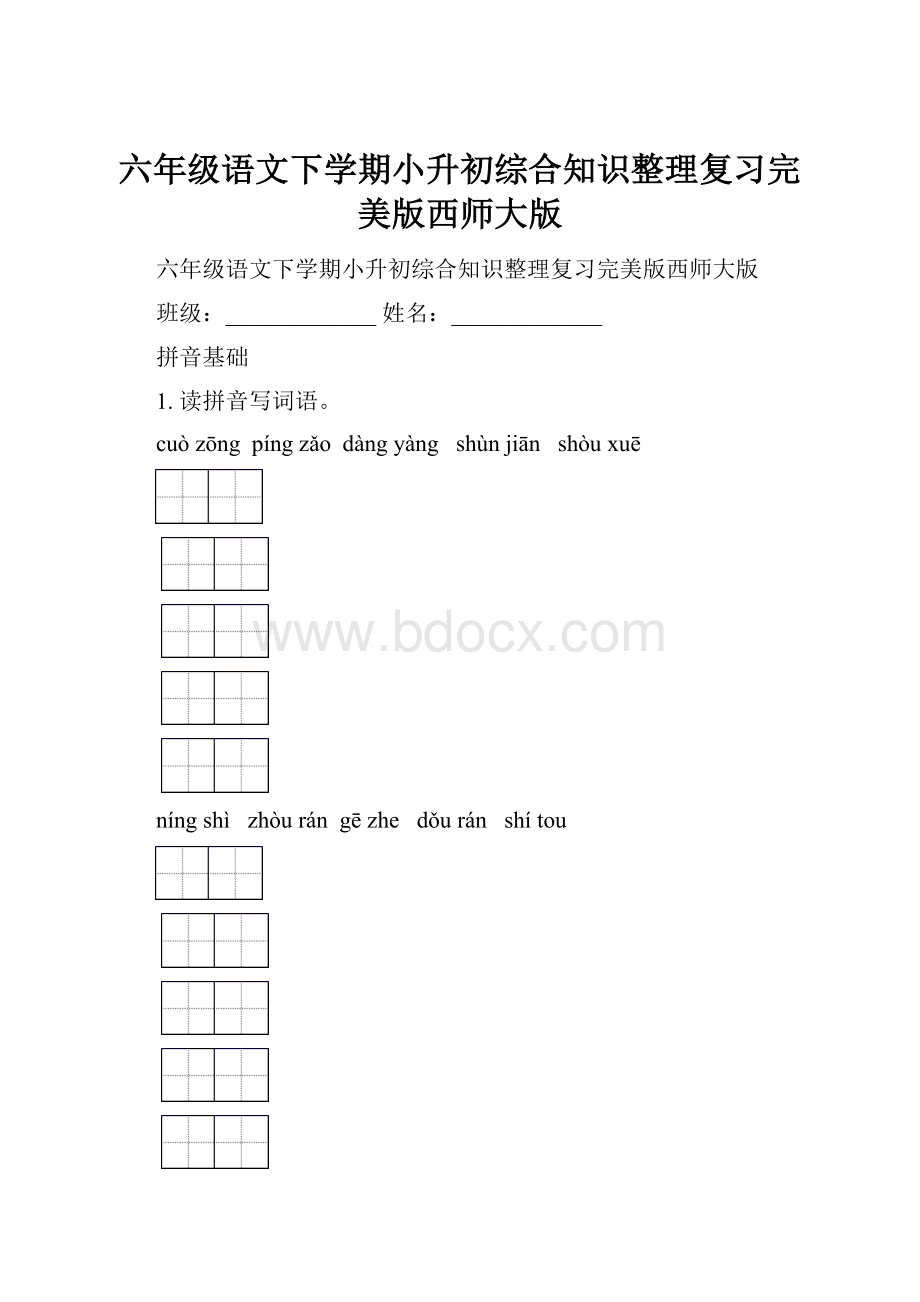 六年级语文下学期小升初综合知识整理复习完美版西师大版.docx