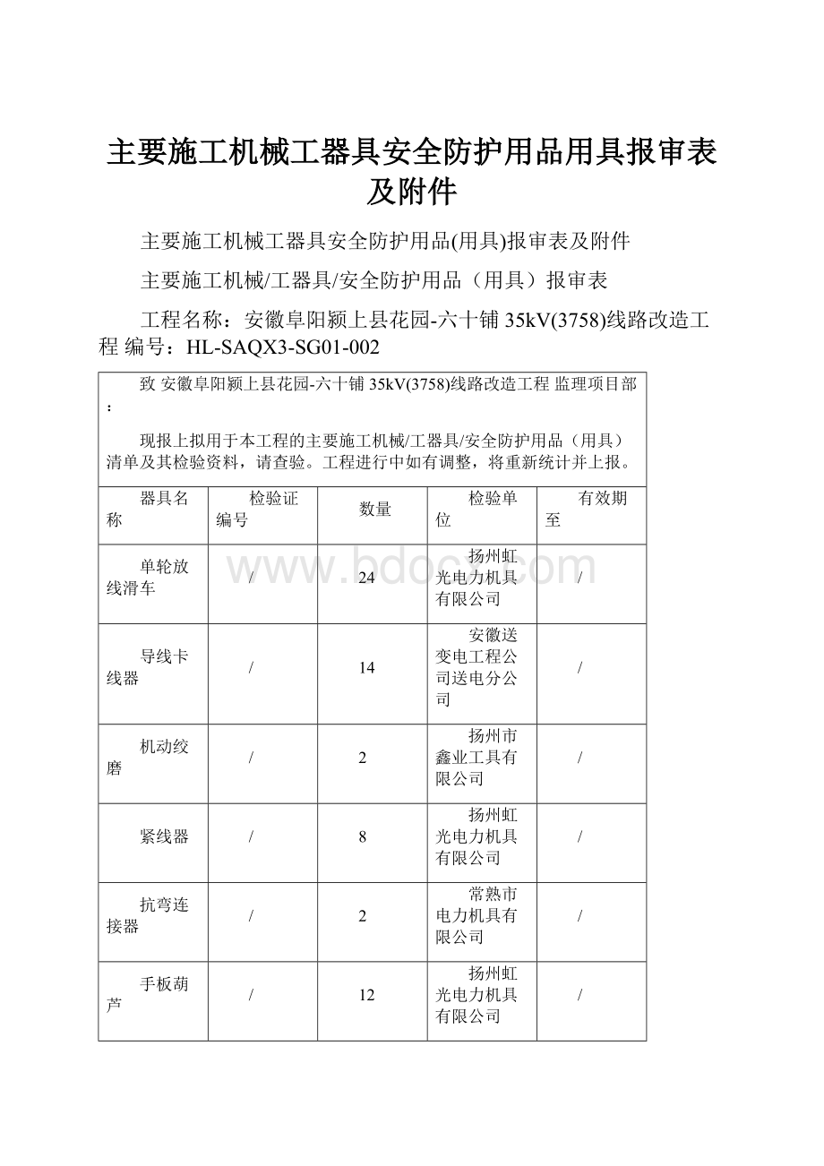 主要施工机械工器具安全防护用品用具报审表及附件.docx_第1页