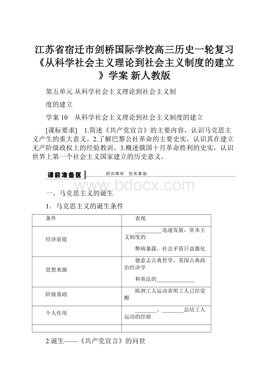 江苏省宿迁市剑桥国际学校高三历史一轮复习《从科学社会主义理论到社会主义制度的建立》学案 新人教版.docx_第1页