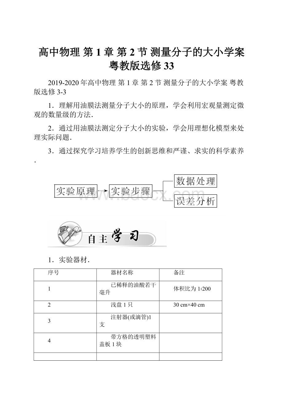 高中物理 第1章 第2节 测量分子的大小学案 粤教版选修33.docx_第1页