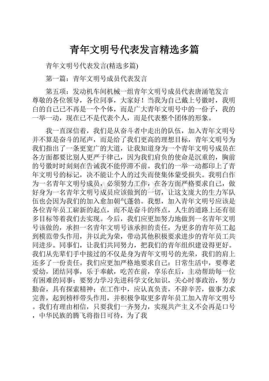 青年文明号代表发言精选多篇.docx_第1页