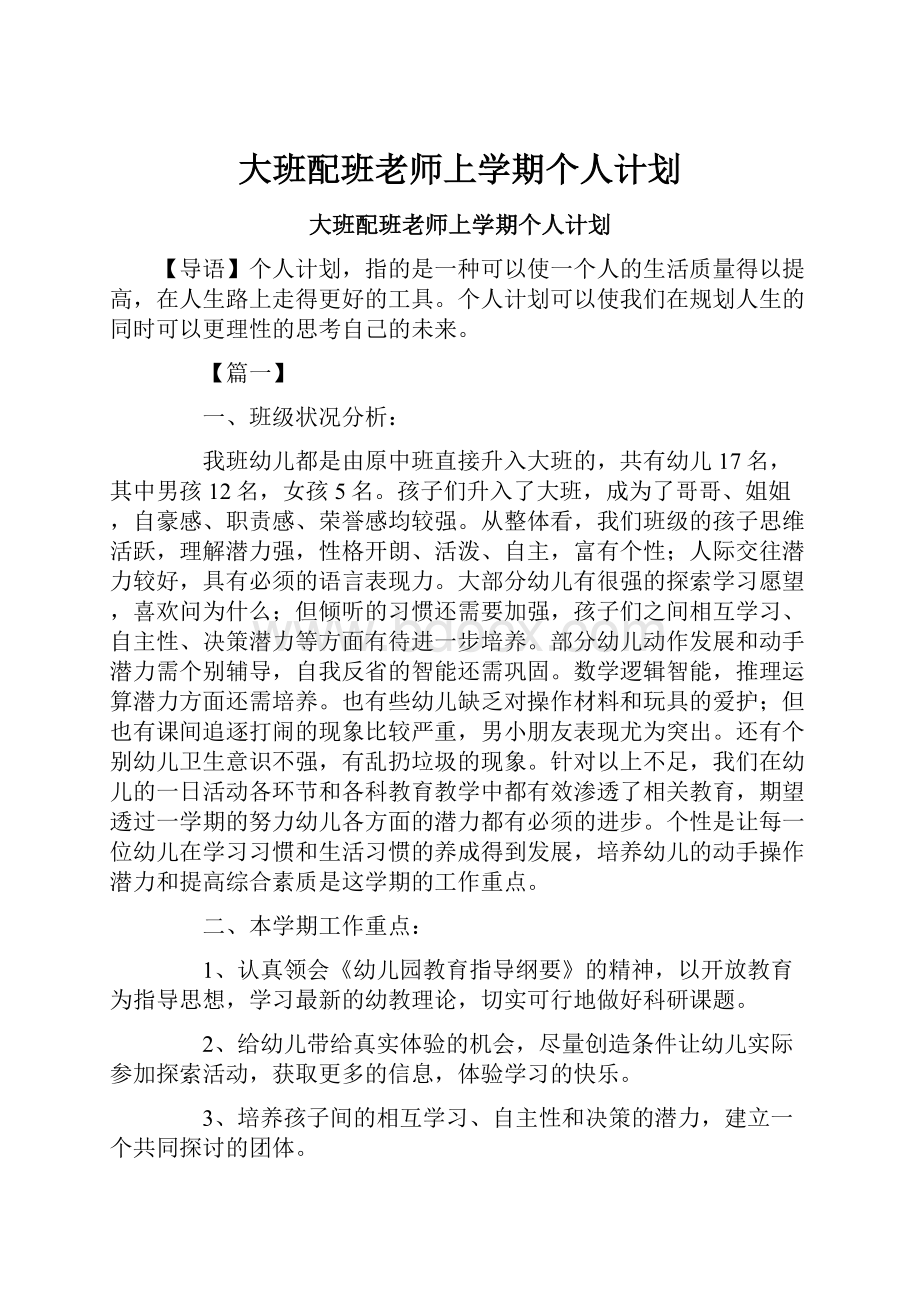 大班配班老师上学期个人计划.docx