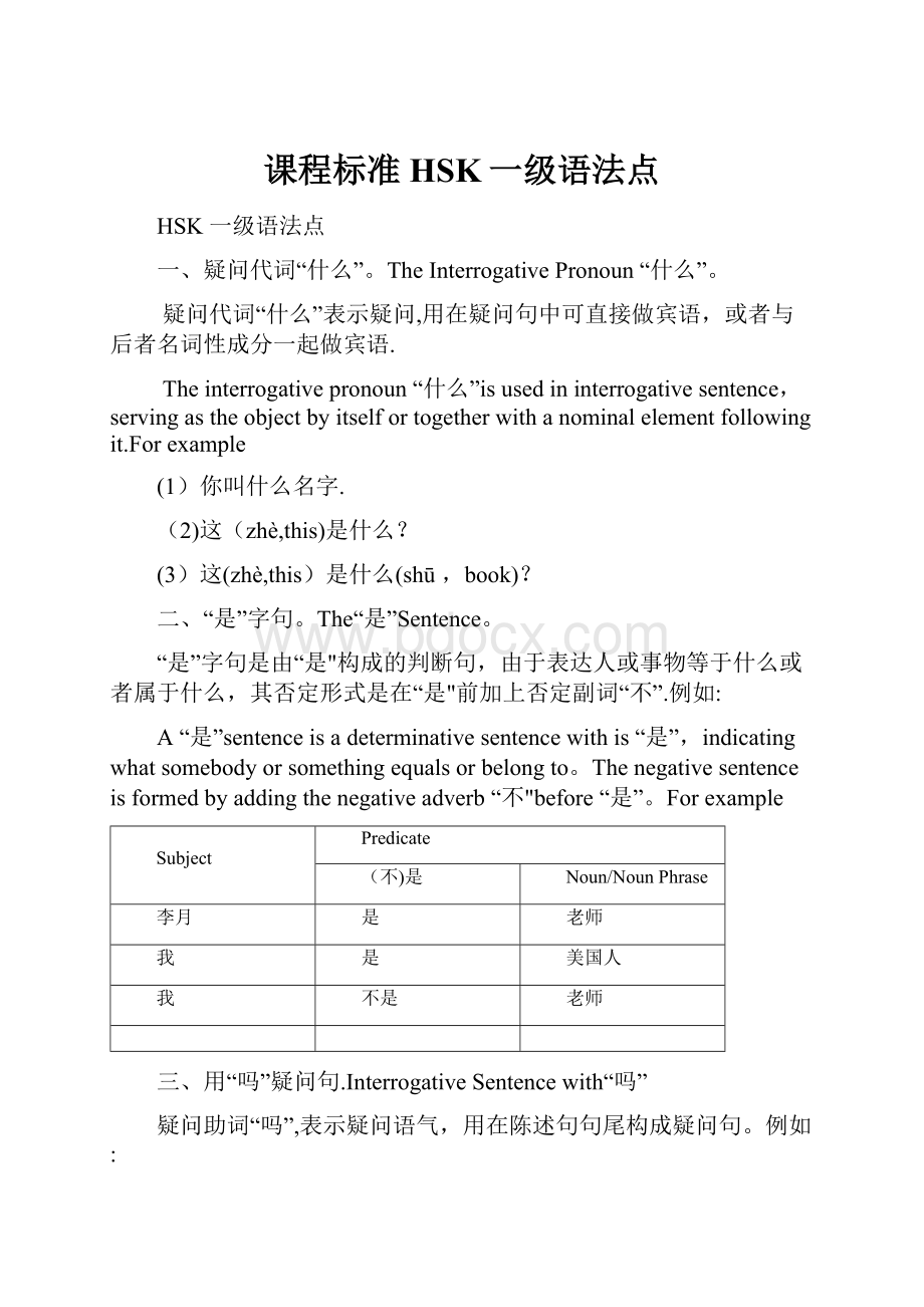 课程标准HSK一级语法点.docx