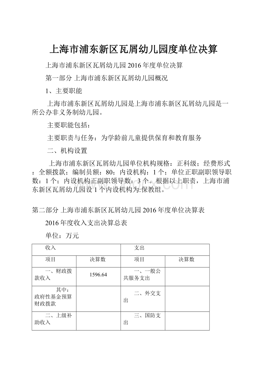 上海市浦东新区瓦屑幼儿园度单位决算.docx_第1页