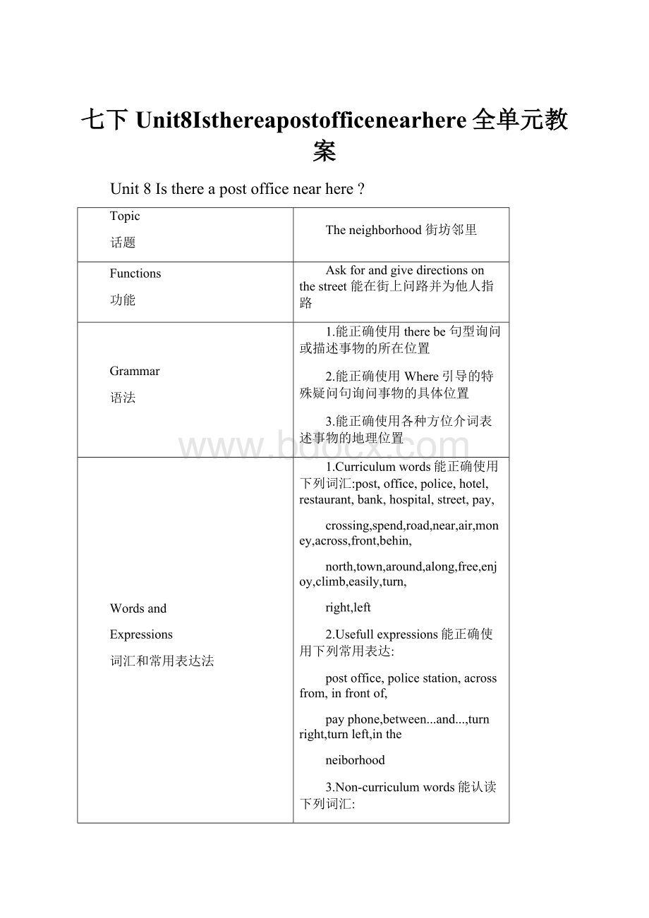 七下Unit8Isthereapostofficenearhere全单元教案.docx_第1页