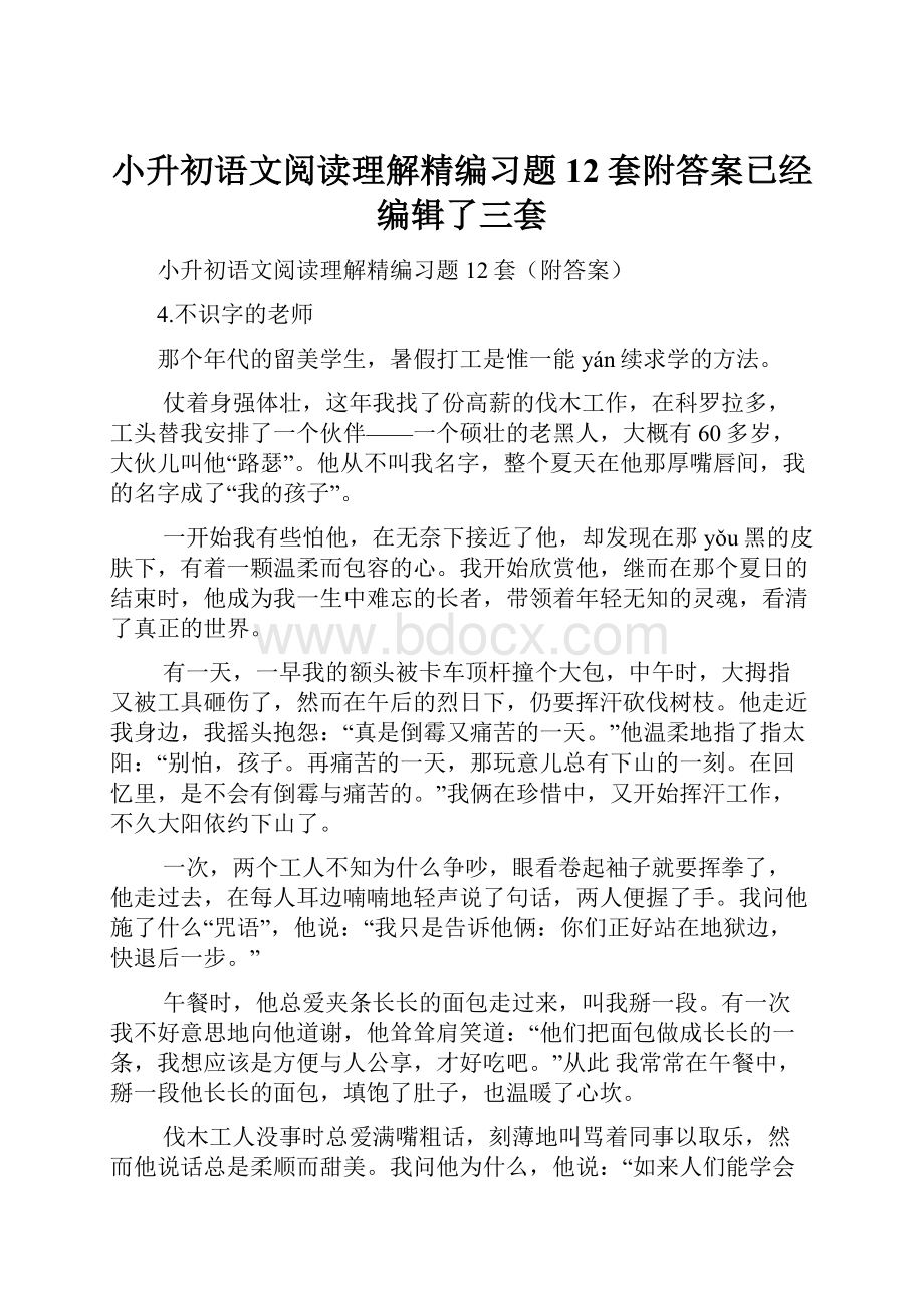 小升初语文阅读理解精编习题12套附答案已经编辑了三套.docx_第1页