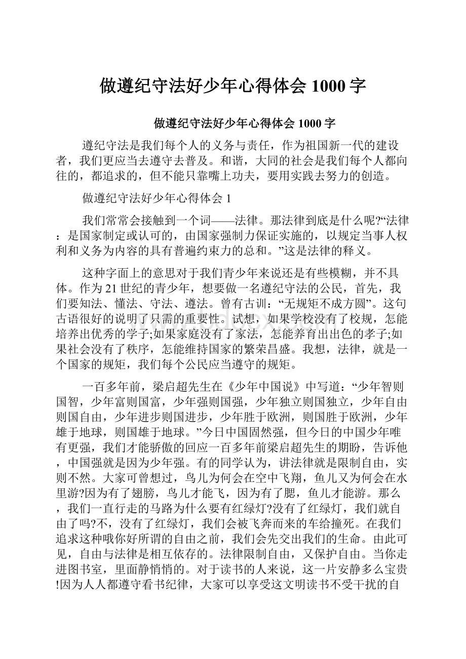 做遵纪守法好少年心得体会1000字.docx_第1页