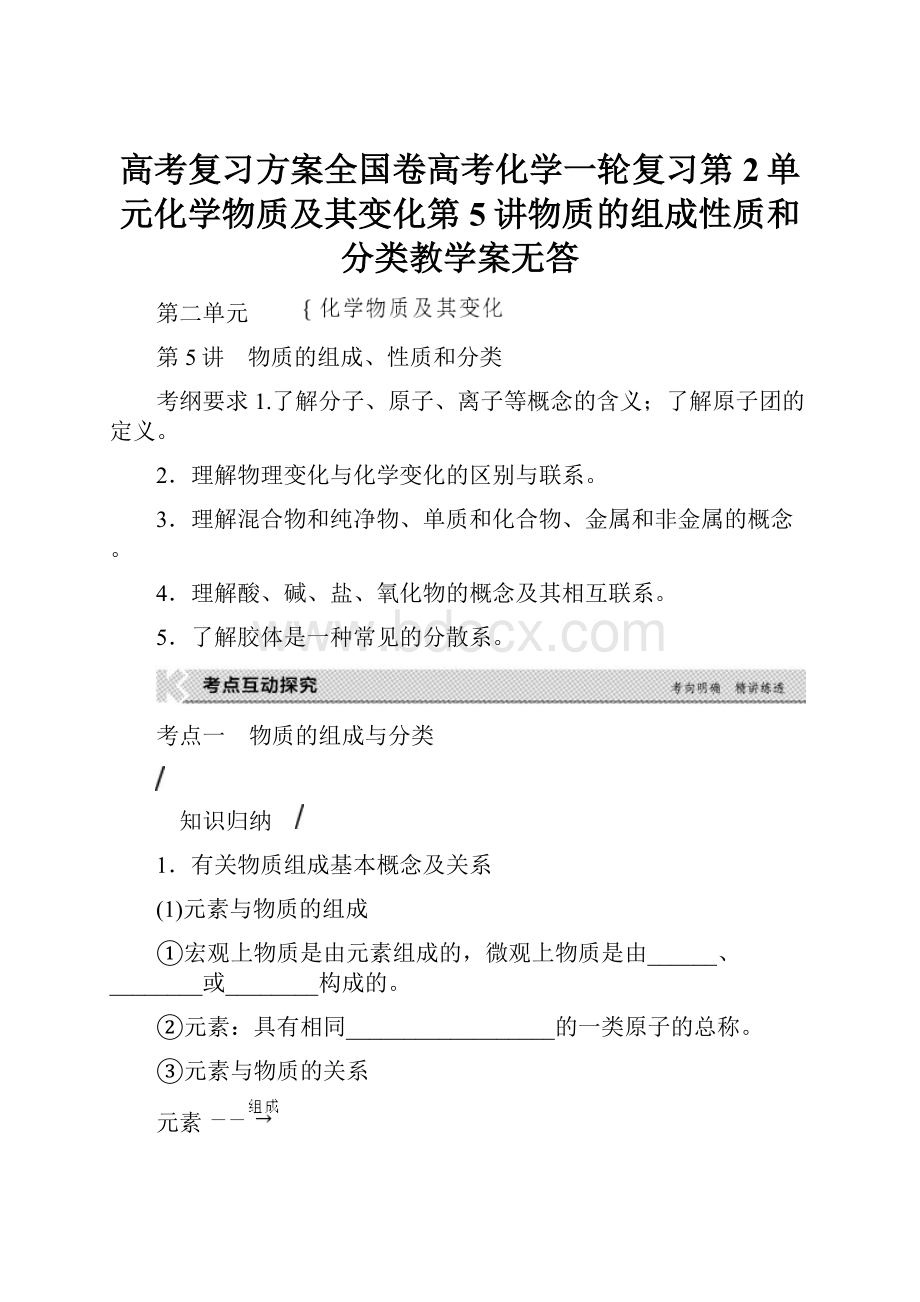 高考复习方案全国卷高考化学一轮复习第2单元化学物质及其变化第5讲物质的组成性质和分类教学案无答.docx_第1页