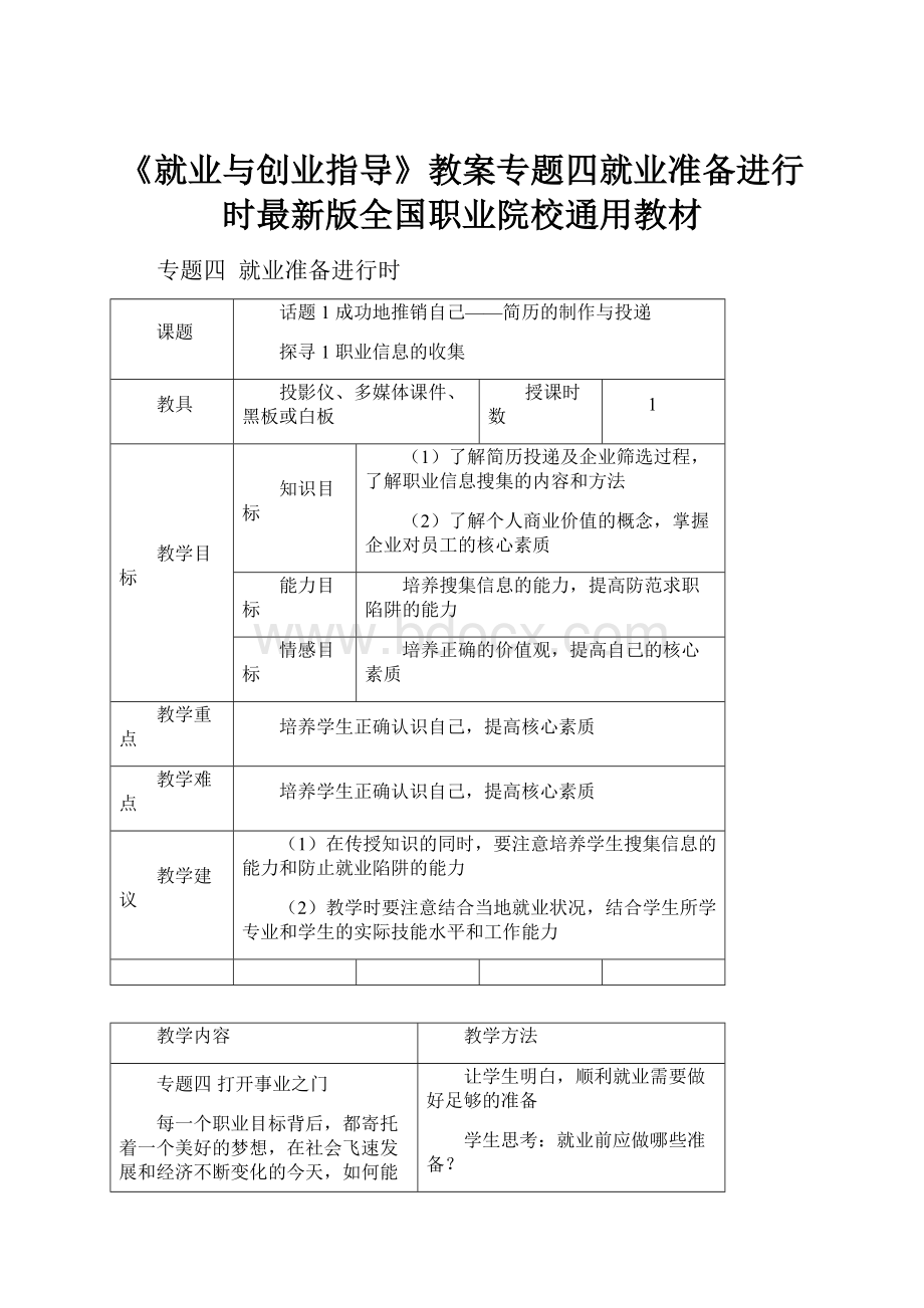 《就业与创业指导》教案专题四就业准备进行时最新版全国职业院校通用教材.docx