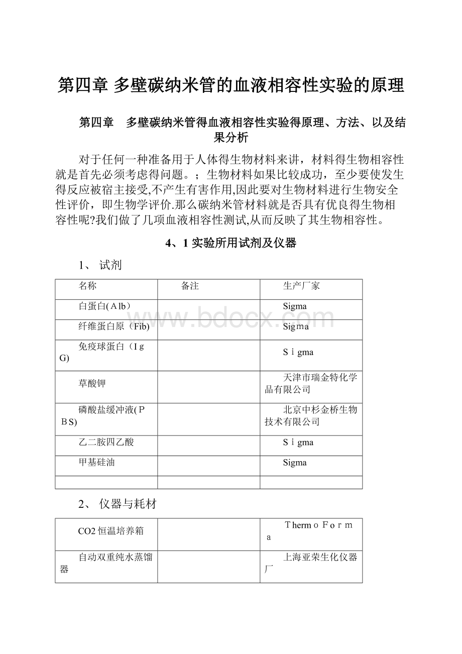 第四章 多壁碳纳米管的血液相容性实验的原理.docx