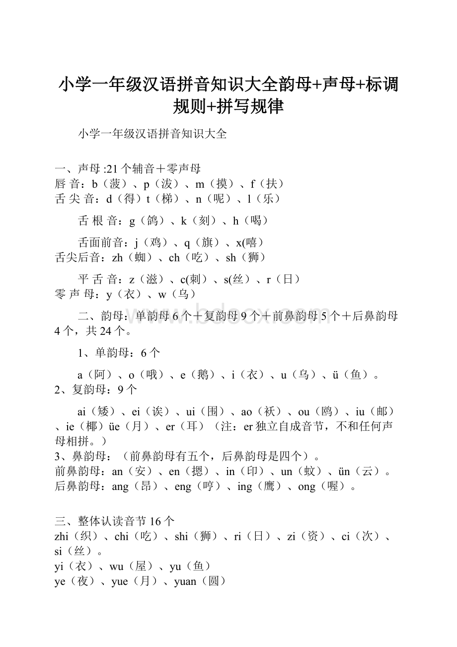 小学一年级汉语拼音知识大全韵母+声母+标调规则+拼写规律.docx