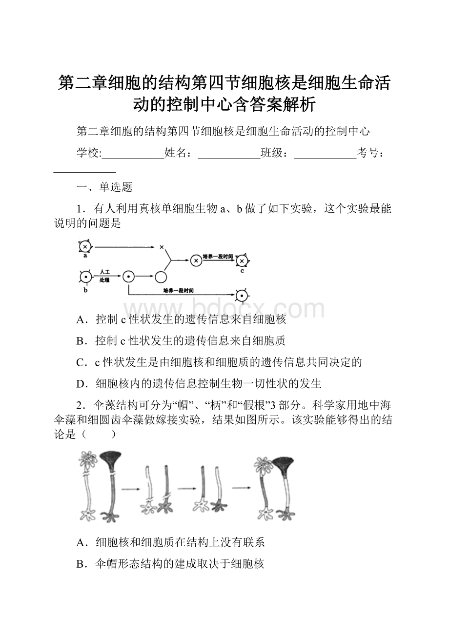 第二章细胞的结构第四节细胞核是细胞生命活动的控制中心含答案解析.docx