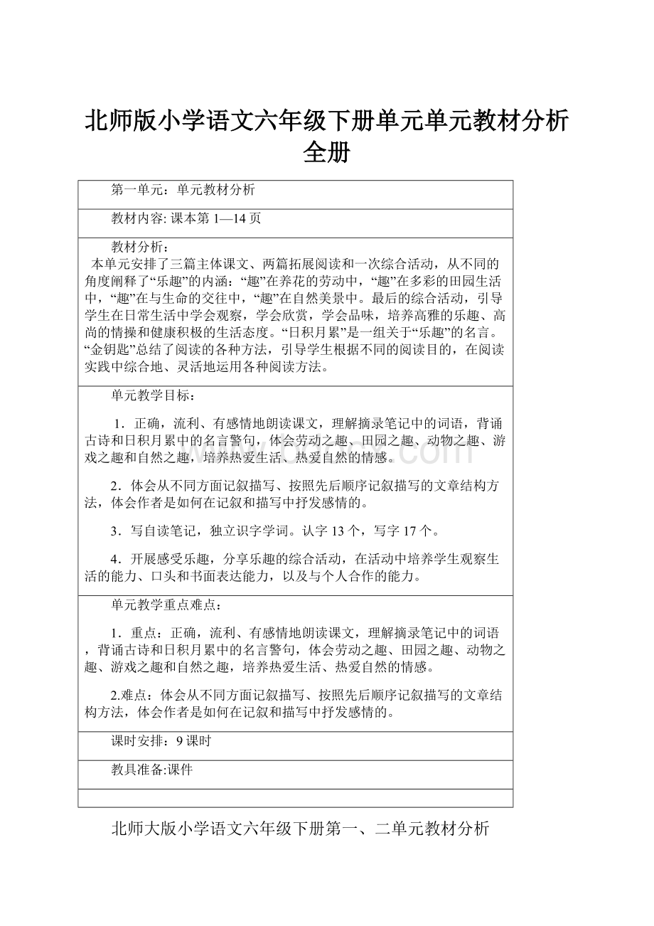 北师版小学语文六年级下册单元单元教材分析全册.docx_第1页