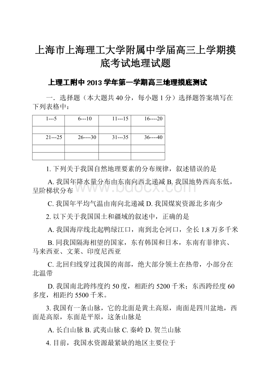 上海市上海理工大学附属中学届高三上学期摸底考试地理试题.docx