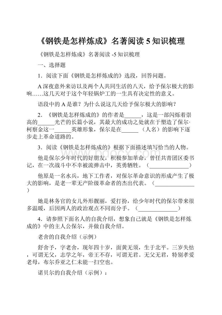 《钢铁是怎样炼成》名著阅读 5知识梳理.docx