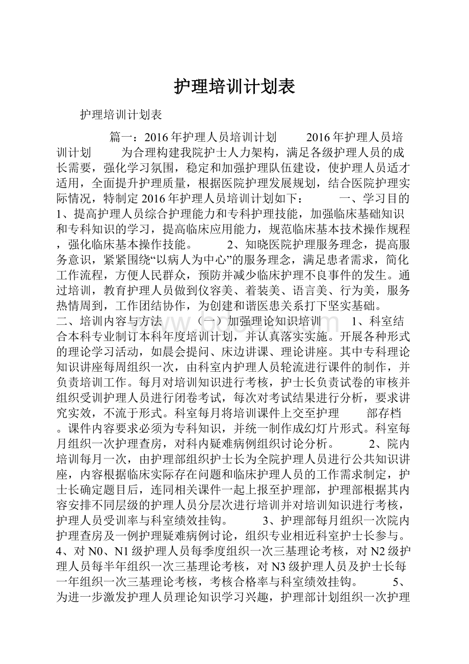 护理培训计划表.docx_第1页