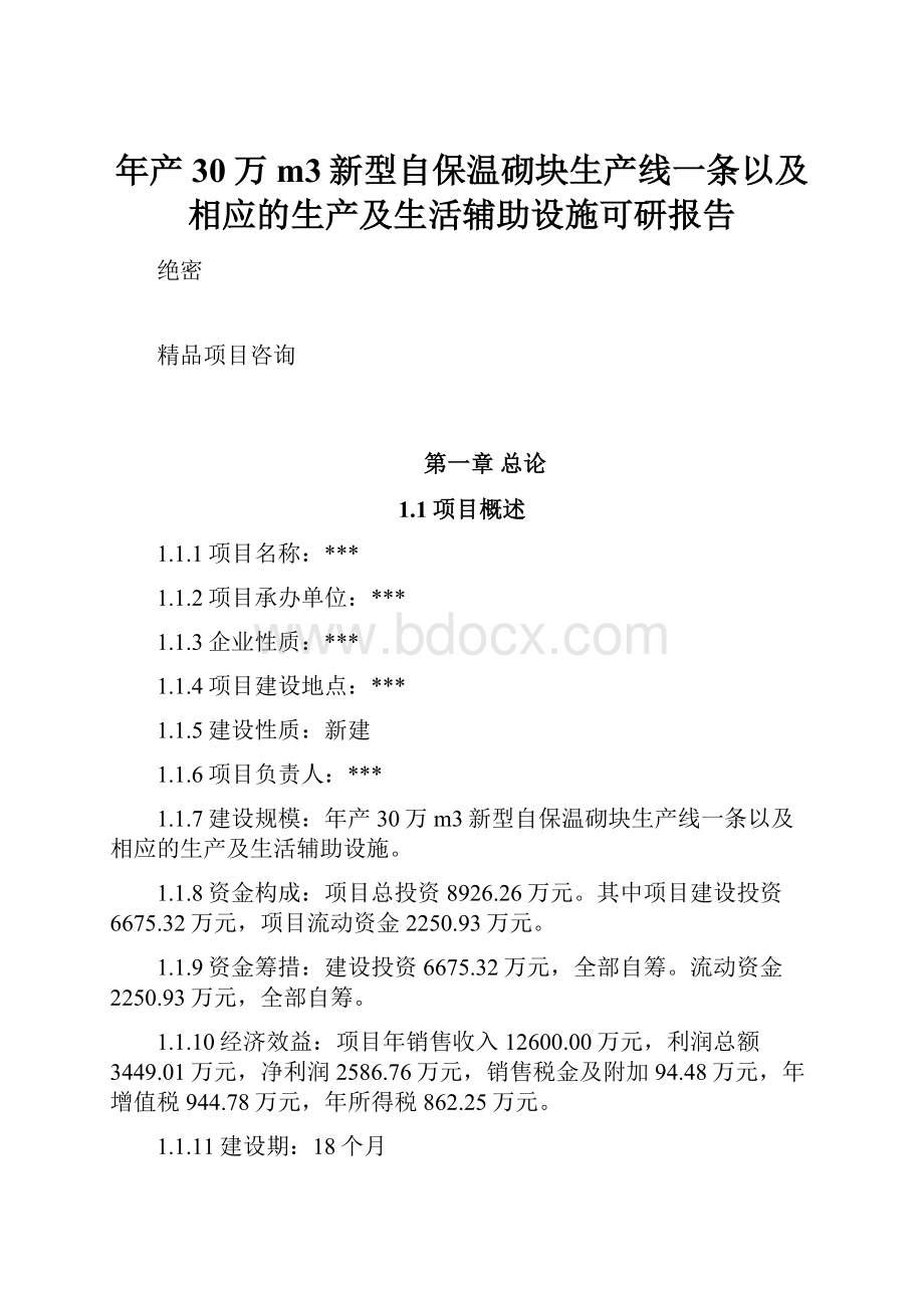 年产30万m3新型自保温砌块生产线一条以及相应的生产及生活辅助设施可研报告.docx