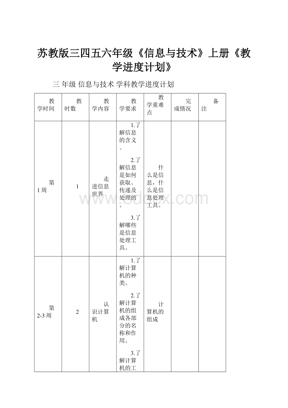 苏教版三四五六年级《信息与技术》上册《教学进度计划》.docx