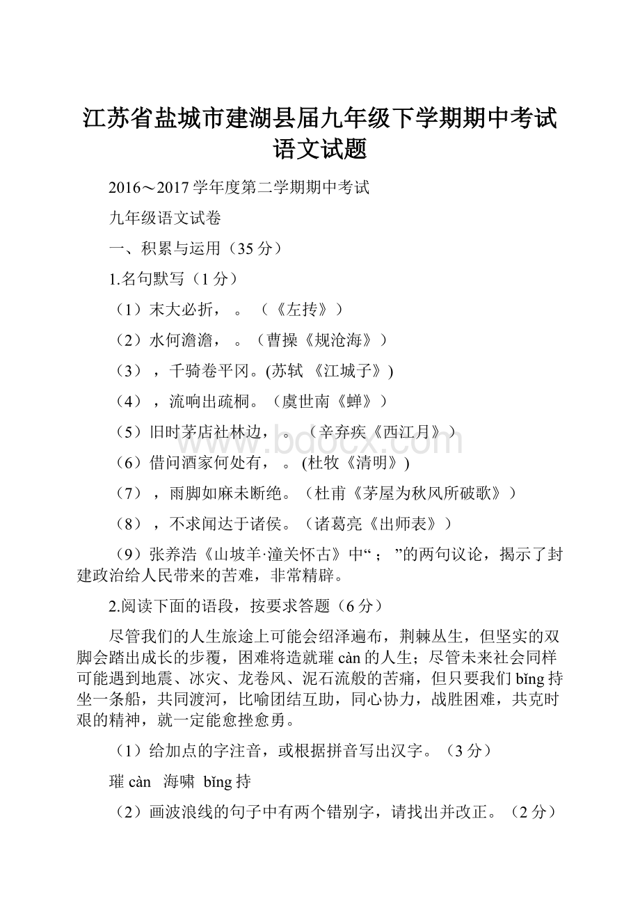 江苏省盐城市建湖县届九年级下学期期中考试语文试题.docx