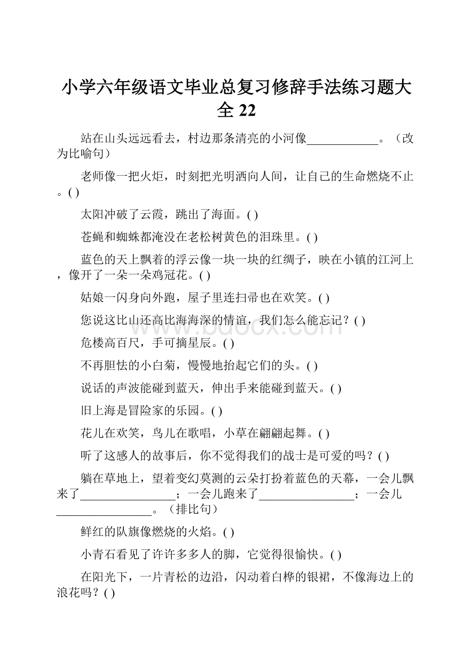 小学六年级语文毕业总复习修辞手法练习题大全22.docx