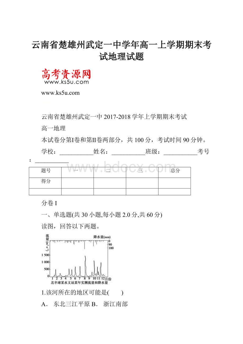 云南省楚雄州武定一中学年高一上学期期末考试地理试题.docx