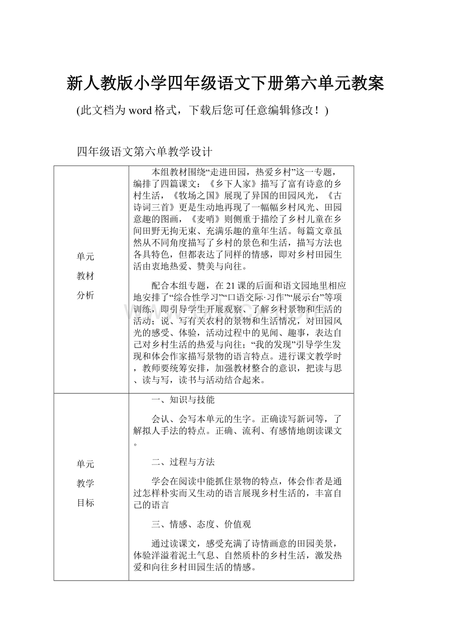 新人教版小学四年级语文下册第六单元教案.docx