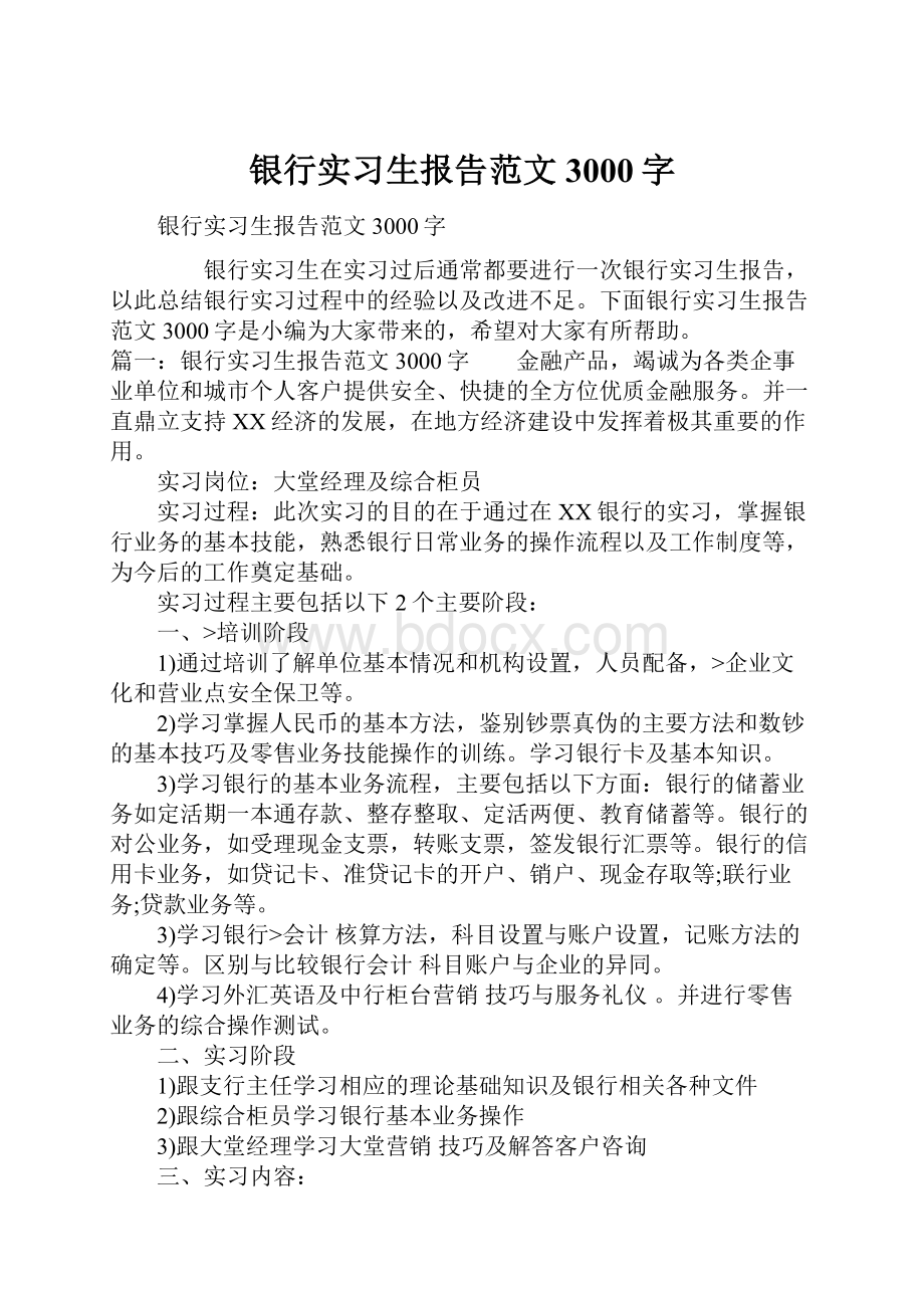 银行实习生报告范文3000字.docx