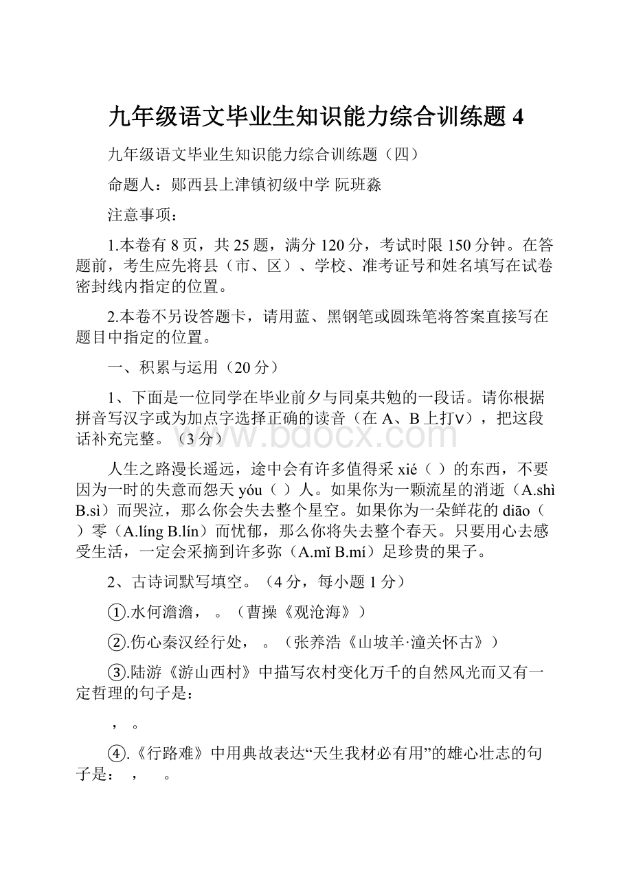 九年级语文毕业生知识能力综合训练题4.docx