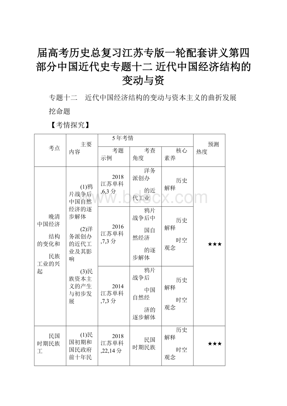 届高考历史总复习江苏专版一轮配套讲义第四部分中国近代史专题十二 近代中国经济结构的变动与资.docx_第1页