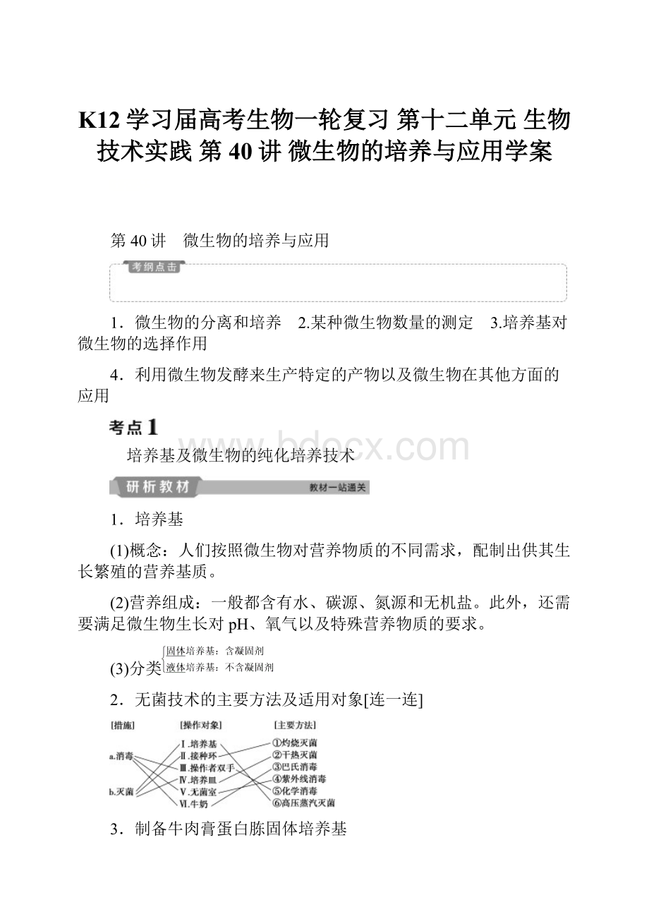 K12学习届高考生物一轮复习 第十二单元 生物技术实践 第40讲 微生物的培养与应用学案.docx_第1页